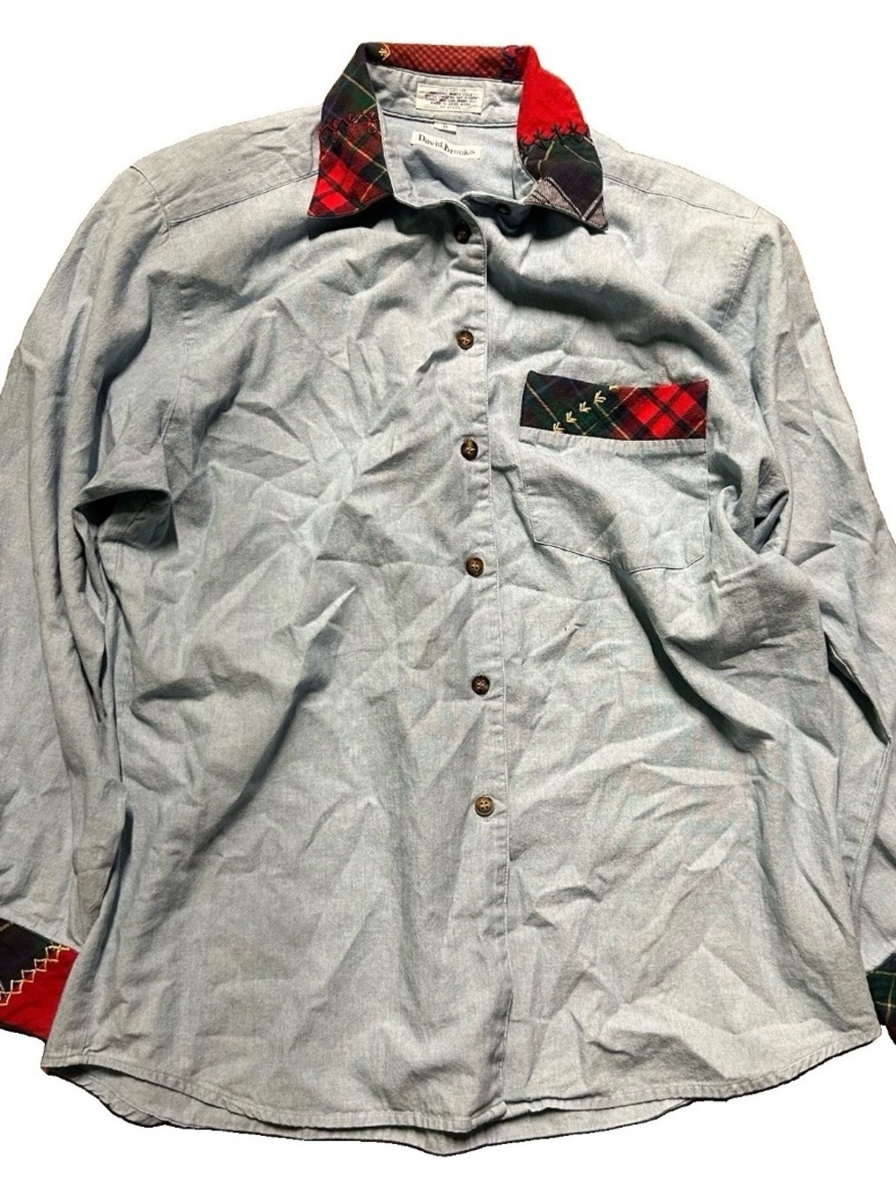 Vintage Women’s David Brooks Blue Button Up Shirt Plaid Detail Size 8